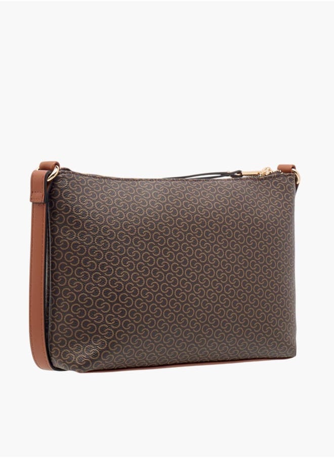 Women Monogram Print Crossbody Bag with Adjustable Strap and Zip Closure