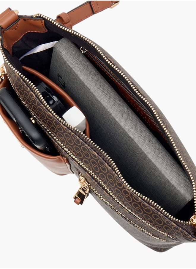 Women Monogram Print Crossbody Bag with Adjustable Strap and Zip Closure