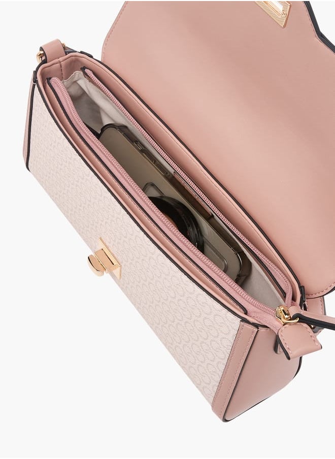 Women Monogram Print Crossbody Bag with Flap Closure