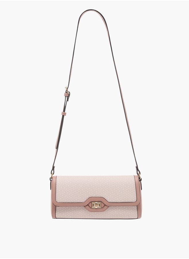 Women Monogram Print Crossbody Bag with Flap Closure