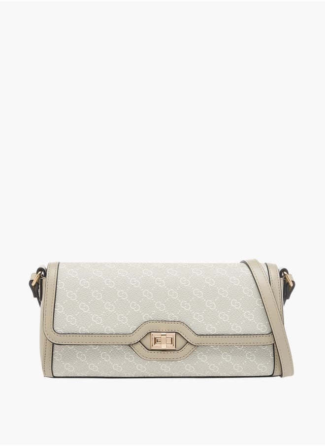 Women Monogram Print Crossbody Bag with Flap Closure
