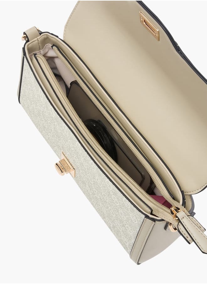 Women Monogram Print Crossbody Bag with Flap Closure
