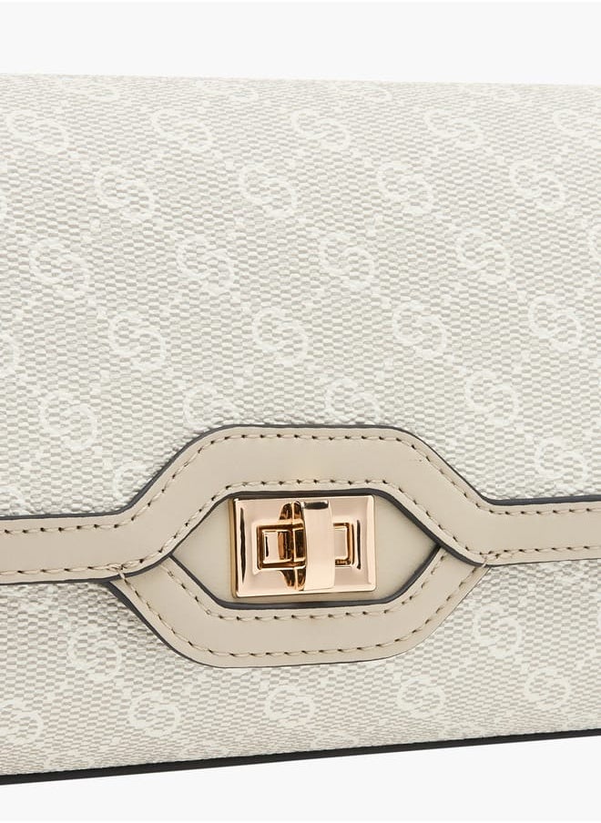 Women Monogram Print Crossbody Bag with Flap Closure