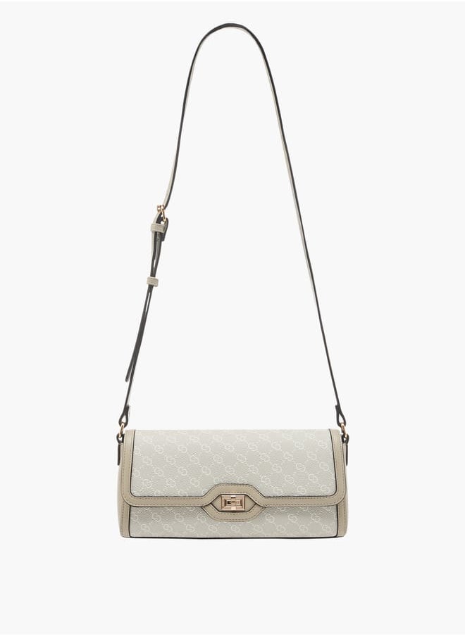 Women Monogram Print Crossbody Bag with Flap Closure