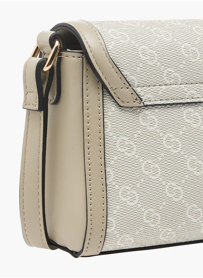 Women Monogram Print Crossbody Bag with Flap Closure