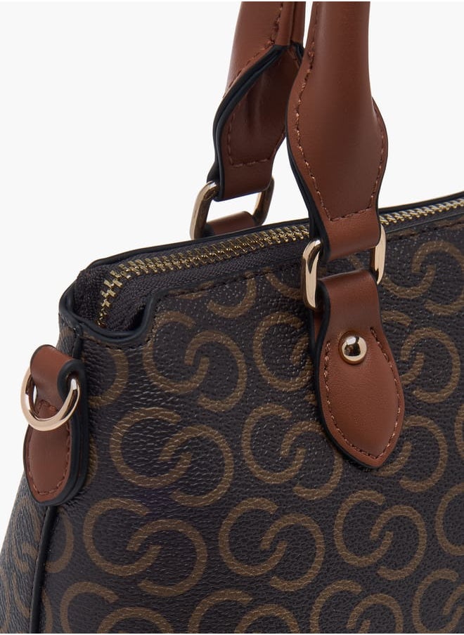 Women Monogram Print Tote Bag with Zip Closure and Double Handle