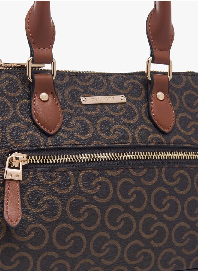 Women Monogram Print Tote Bag with Zip Closure and Double Handle