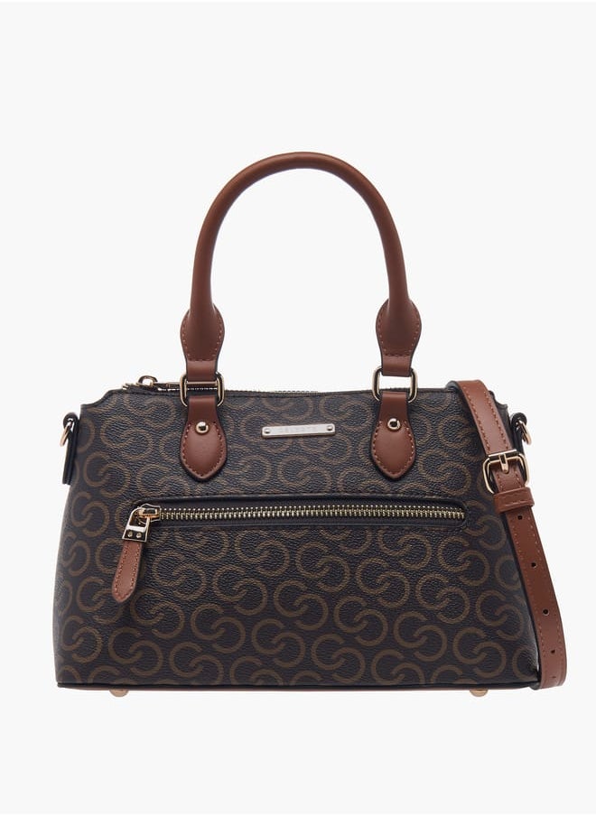 Women Monogram Print Tote Bag with Zip Closure and Double Handle
