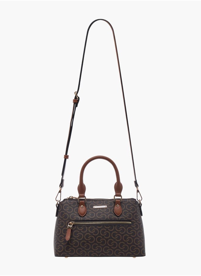 Women Monogram Print Tote Bag with Zip Closure and Double Handle