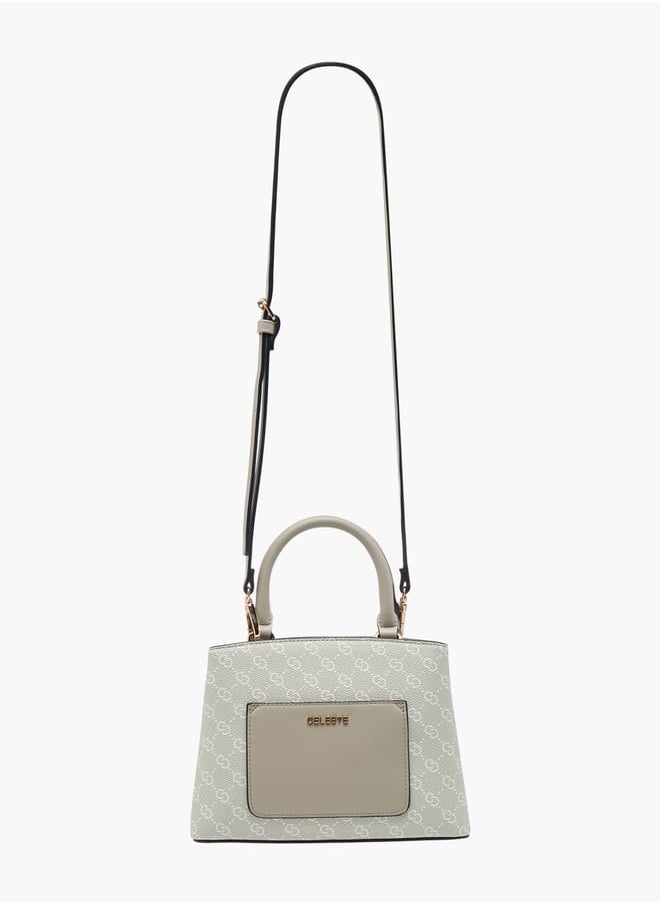 Women Monogram Print Tote Bag with Top Handle and Detachable Strap