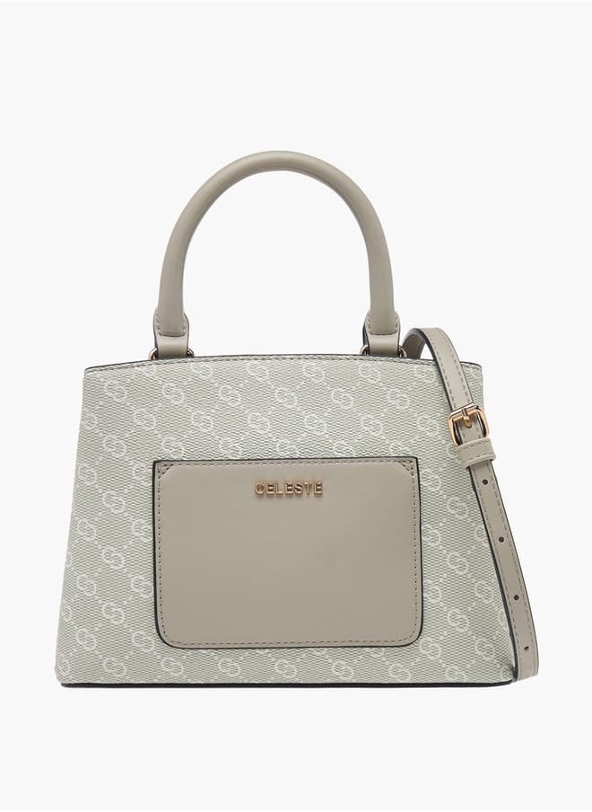 Women Monogram Print Tote Bag with Top Handle and Detachable Strap