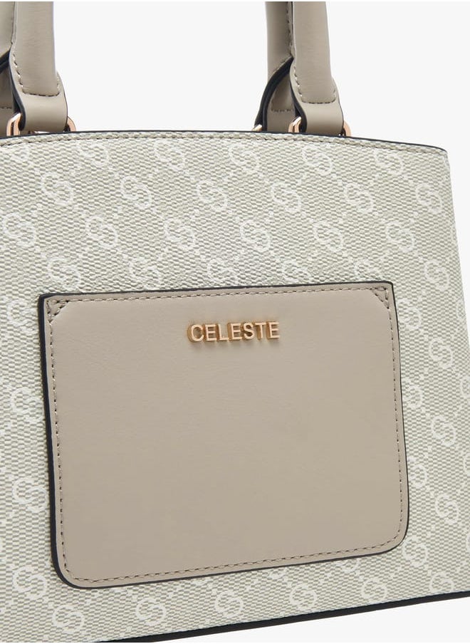 Women Monogram Print Tote Bag with Top Handle and Detachable Strap