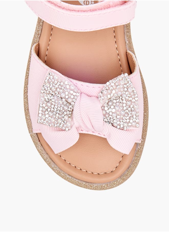 Girls Bow Embellished Flat Sandals with Hook and Loop Closure