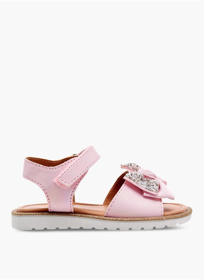 Girls Bow Embellished Flat Sandals with Hook and Loop Closure