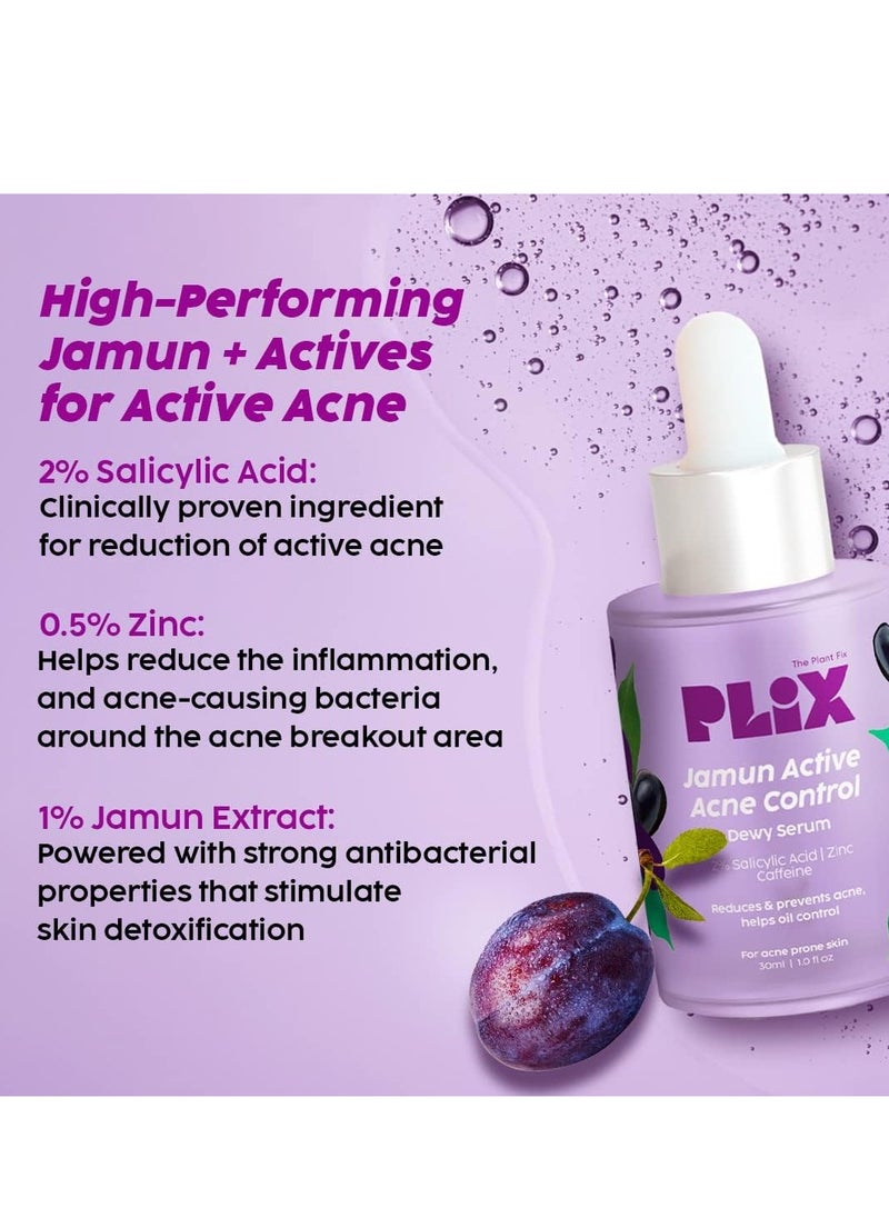 PLIX - THE PLANT FIX 2% Salicylic Acid Jamun Active Acne Control Dewy Serum 30 ml for Active Acne & Dark Spot Reduction with Caffeine for Breakout Control (Pack of 1)