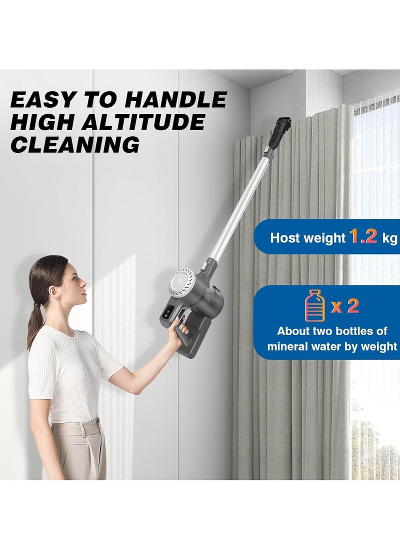 Cordless Vacuum Cleaner, 20000Pa, 3 in 1 Lightweight Stick/Handheld Vacuum with Hair Crevice Brushes, LED Headlight, Hepa Filter, Wall Mountable, 0.4L Dust Cup, Grey & Silver