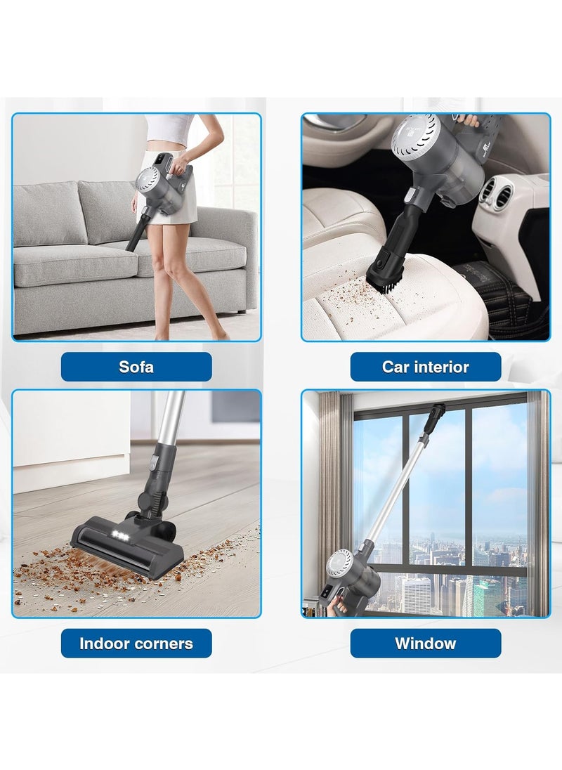 Cordless Vacuum Cleaner, 20000Pa, 3 in 1 Lightweight Stick/Handheld Vacuum with Hair Crevice Brushes, LED Headlight, Hepa Filter, Wall Mountable, 0.4L Dust Cup, Grey & Silver