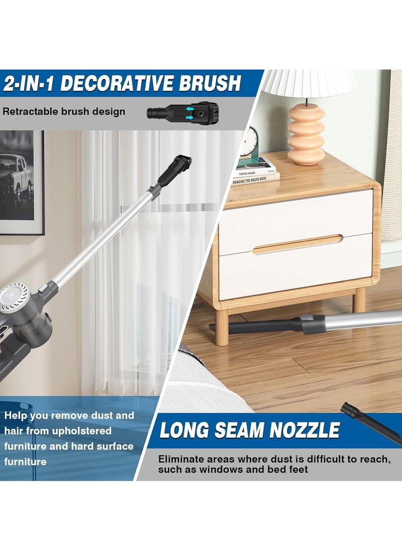 Cordless Vacuum Cleaner, 20000Pa, 3 in 1 Lightweight Stick/Handheld Vacuum with Hair Crevice Brushes, LED Headlight, Hepa Filter, Wall Mountable, 0.4L Dust Cup, Grey & Silver