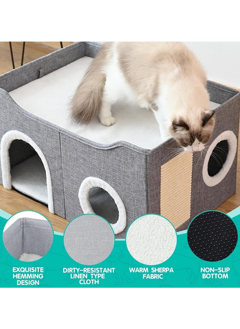 Cat House,Cat Bed for Indoor Cats,Cat Nest,Foldable Cat Cube Cave,Large Pet Play House with Pet Cave Bed with Anti-Slip Bottom,Scratch Pad and Detachable Storage Box