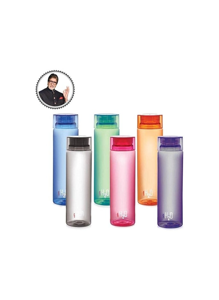 Cello H2O Round Unbreakable Plastic Water Bottle | Lid is sealed by a silicone ring Best Usage for Office/School/College/Gym/Picnic/Home/Fridge | 1 Liter | Assorted, Set of 6