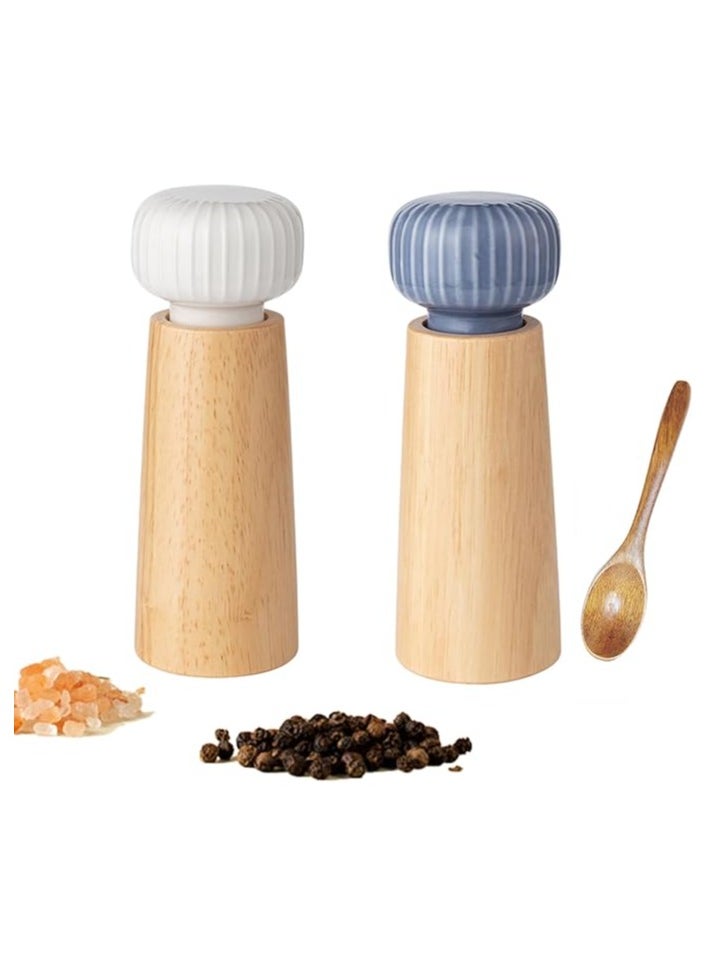 Wooden Salt and Pepper Grinder Set, Ceramic Lid Pepper Grinder with Adjustable Coarse Grind, Refillable Sea Salt and Black Pepper (2 Pieces Indigo + White)17.5 cm