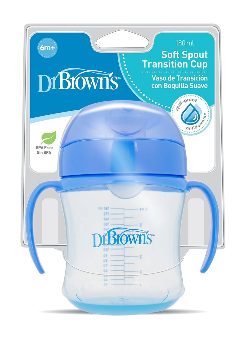 Dr. Brown's Soft Spout Transition Cup 180mL, Twin Handle Sipper for Babies 6M+, BPA Free, Spill Proof Blue