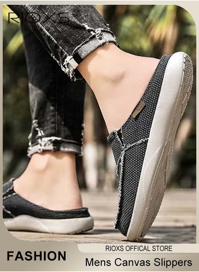 Mens Canvas Slippers, Slip On Casual Loafers Shoes, Men's Orthopedic Slippers With Arch Support, Indoor Outdoor House Shoes With Anti-Skid Rubber Sole, Lightweight Slippers For Office Shopping And Daily Wear, Classic Fashion Slide Clog Slippers
