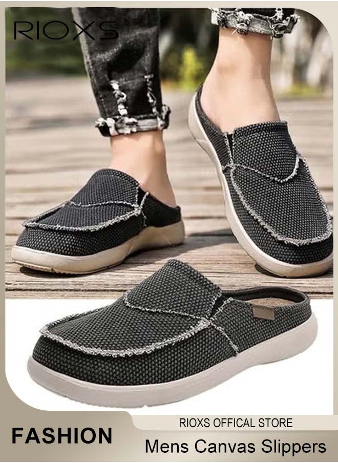 Mens Canvas Slippers, Slip On Casual Loafers Shoes, Men's Orthopedic Slippers With Arch Support, Indoor Outdoor House Shoes With Anti-Skid Rubber Sole, Lightweight Slippers For Office Shopping And Daily Wear