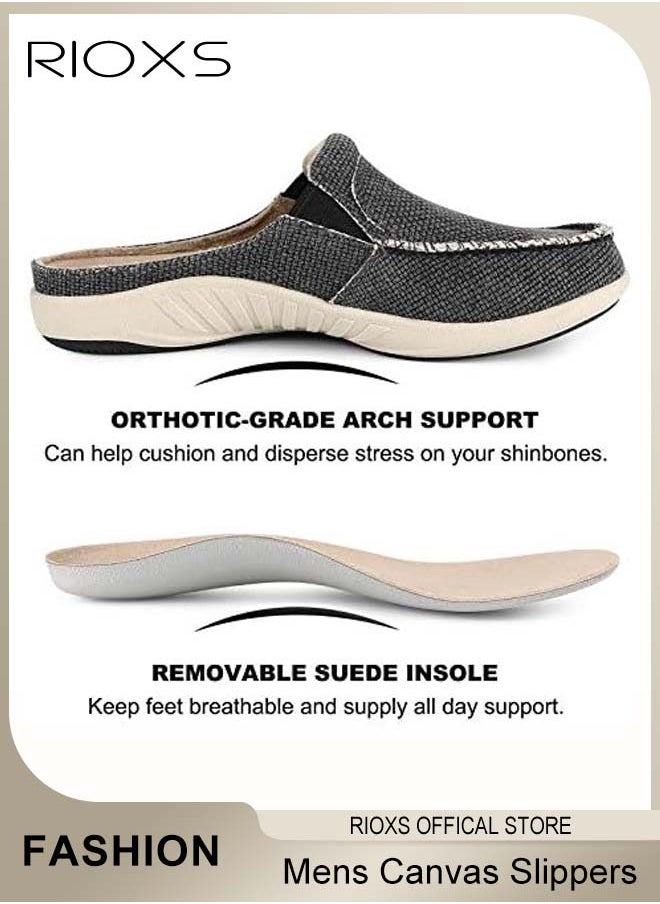 Mens Canvas Slippers, Slip On Casual Loafers Shoes, Men's Orthopedic Slippers With Arch Support, Indoor Outdoor House Shoes With Anti-Skid Rubber Sole, Lightweight Slippers For Office Shopping And Daily Wear, Classic Fashion Slide Clog Slippers