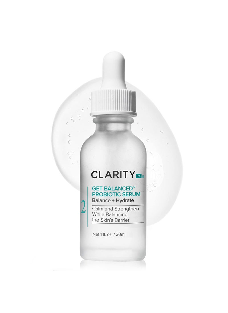 ClarityRx Get Balanced Probiotic Hydrating Face Serum, Natural Plant-Based Skin-Balancing Treatment with Hyaluronic Acid & Antioxidants for Normal & Aging Skin (1 fl oz)