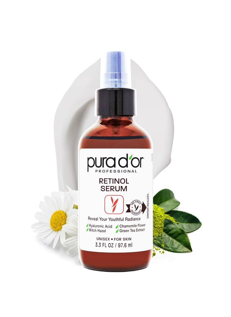 PURA D'OR 3.3 Oz Retinol Serum For Nighttime - Advanced PM Skin Care Formula - Anti-Aging Wrinkle Reducer for Radiant Skin - Natural Vitamin A & Collagen Booster - Fine Lines Treatment - Travel Size
