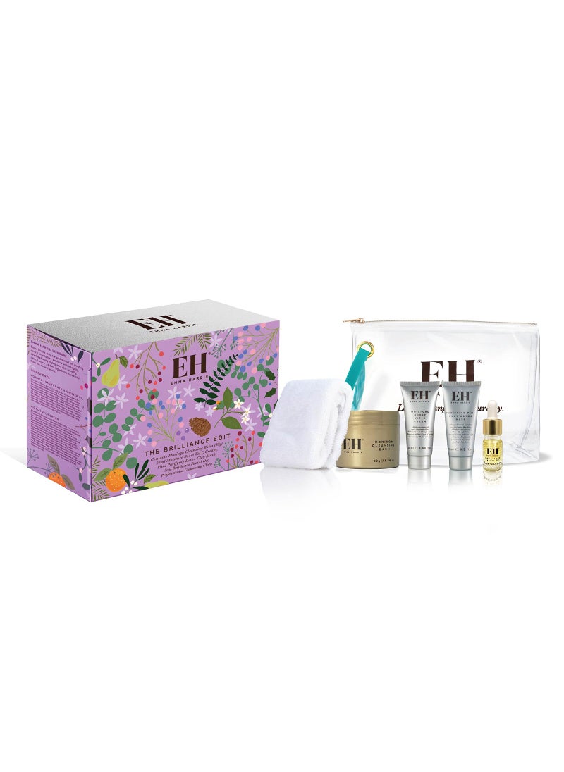 Emma Hardie Brilliance Holiday Gift Set with Moringa Cleansing Balm, Reusable Cleansing Cloths, Vitamin C Cream, Purifying Pink Clay Mask and Brilliance Facial Oil, With Cosmetic Bag, Travel Size