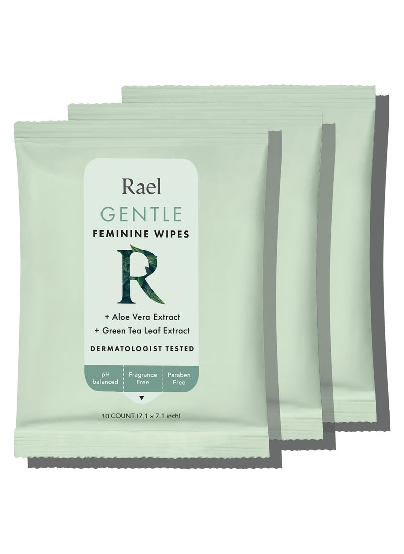 Rael Feminine Wipes, Flushable pH Balanced Wipe, Travel Size, All Skin Types, Paraben-Free, Daily Use (10 Count, Pack of 3)