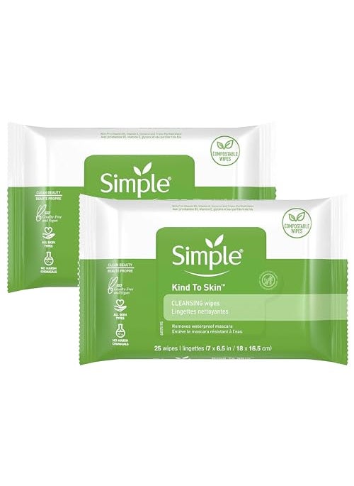 Simple Kind to Skin Facial Wipes Gentle and Effective Makeup Remover Cleansing Free from color and dye artificial perfume and harsh chemicals, 25 Count (Pack of 2)