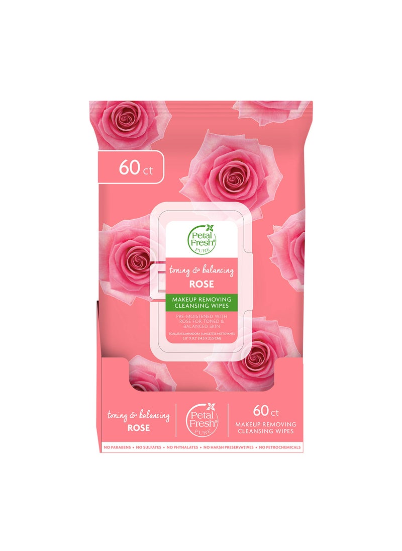 Petal Fresh Pure Brightening Rose Makeup Removing, Cleansing Towelettes, Gentle Face Wipes, Daily Cleansing, Vegan and Cruelty Free, 60 count