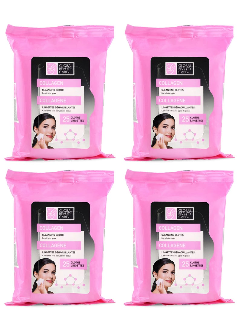 Global Beauty Care Collagen Cleansing Facial Towelettes, Makeup Remover, Nourishing Face & Eye, Hypoallergenic, Paraben-Free, Non-Comedogenic, Hydrates & Smooths Skin, 25 Wipes, 100 Count 4 Pack