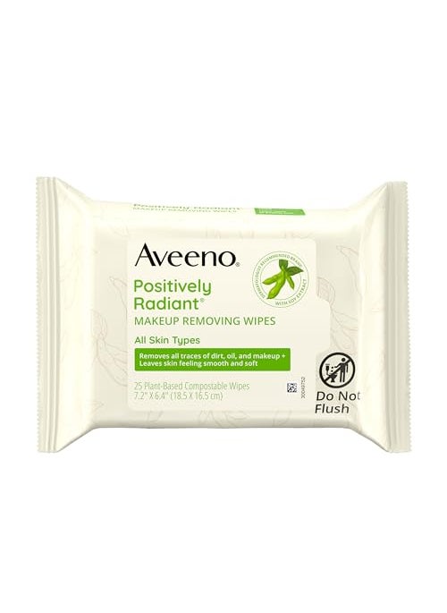 Aveeno Positively Radiant Makeup Remover Wipes, Gentle Individual Face Wipes with Moisture-rich Soy Extract to help leave your skin looking bright, Hypoallergenic Formula, Non-Comedogenic (Pack of 25)