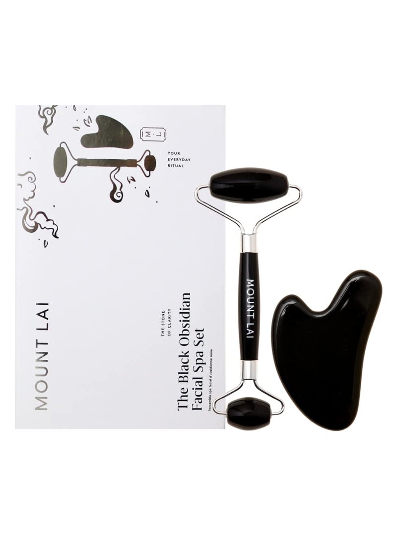 Mount Lai Black Obsidian Facial Spa Set, Black Obsidian Gua Sha Facial Tools Set and Roller, Guasha Tool for Face to Relieve Muscle Tension and Reduce Puffiness, Anti Aging Skin Care Sets for Women