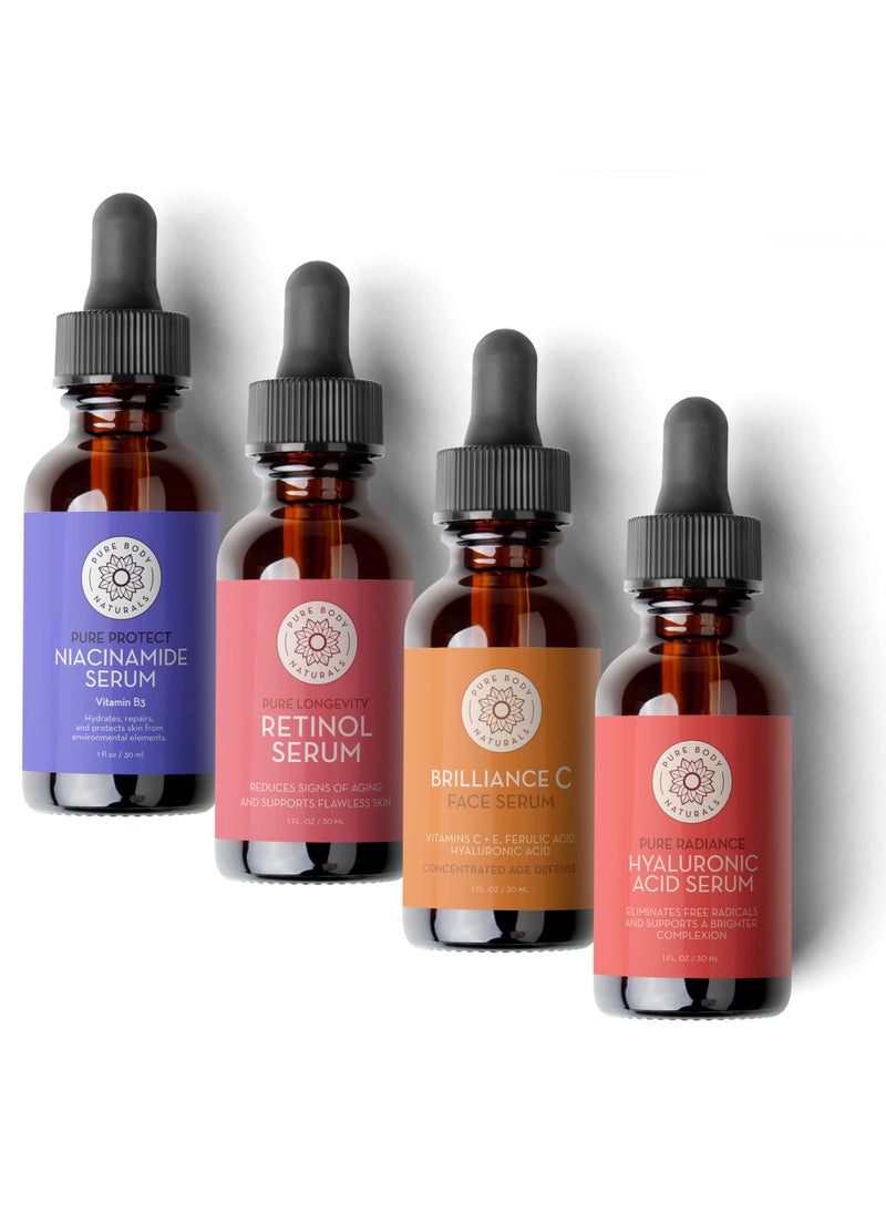 Pure Body Naturals Facial Serum - Hyaluronic Acid Serum, Retinol Serum, Vitamin C Serum, and Vitamin B3 (Niacinamide) Serum - A Perfect Serum Gift Set for Women of All Ages