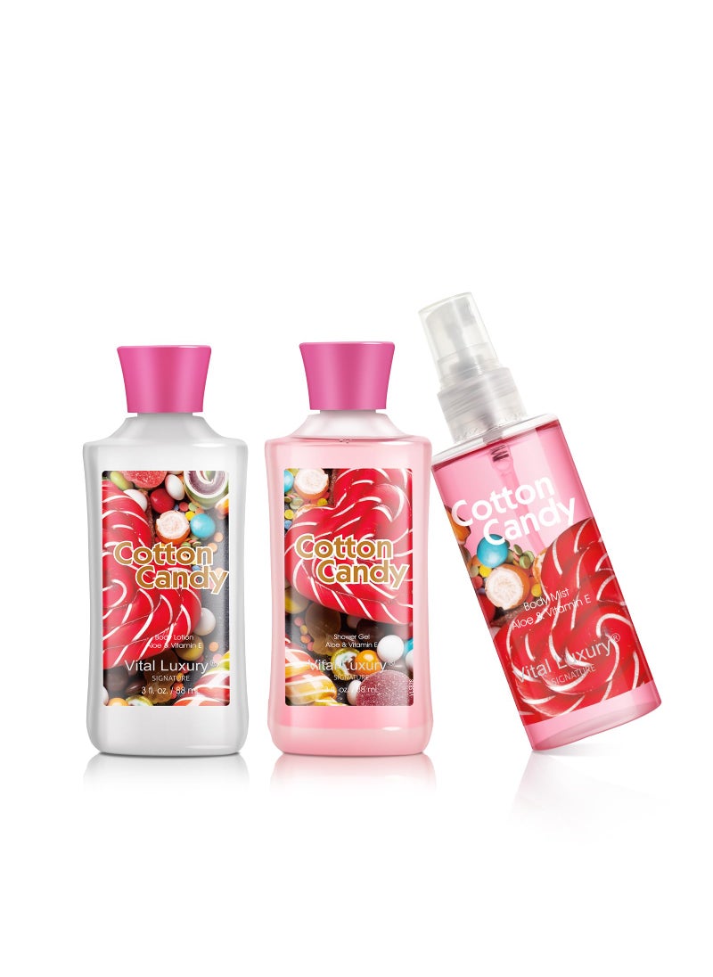 Vital Luxury Cotton Candy Bath & Body Travel Kit, 3 Fl Oz, Ideal Skincare Gift Home Spa Set, Includes Shower Gel, Body Lotion and Fragrance Mist, Birthday Mother's Valentine's Day Gifts for Her