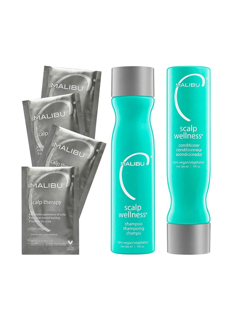 Malibu C Scalp Wellness Collection - Soothing Shampoo and Conditioner Hair Care Set for Dry Scalp - Formulated with Vitamin C Antioxidant Complex - Travel Size Scalp Remedy Packets Included (33.8 oz)