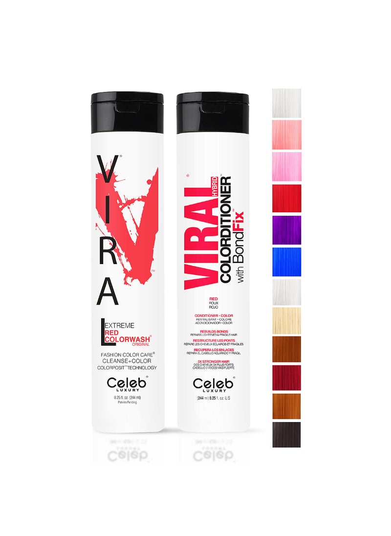Celeb Luxury Viral Duo Color Depositing Colorwash Shampoo & Conditioner Set + Bondfix Bond Rebuilder, Semi Permanent Hair Color, Vegan Hair Dye, Extreme Red