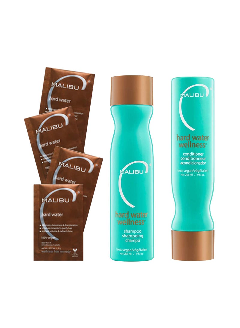 Malibu C Hard Water Wellness Remedy - Hard Water Shampoo, Conditioner & Hair Mask Packets for Removing Deposits and Impurities - Hydrating Hair Care Set (6 Ct)