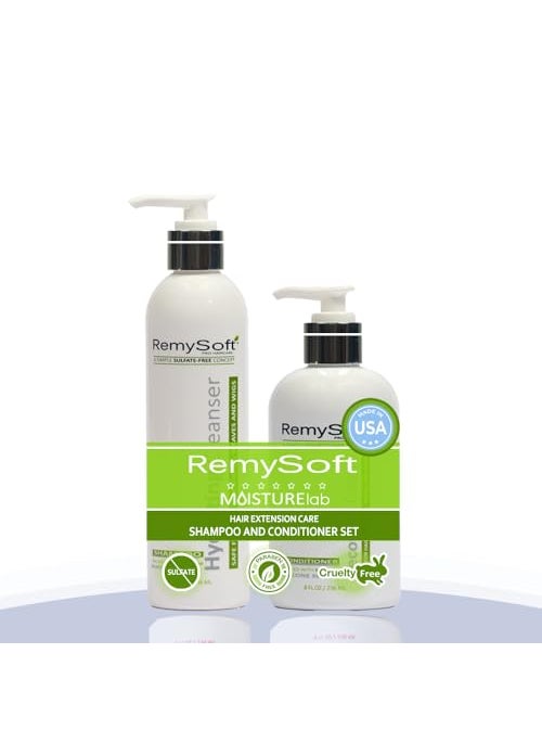 RemySoft Moisturelab Hydrating Cleanser & Recovery Cream Duo - Safe for Hair Extensions, Weaves and Wigs - Salon Formula Shampoo and Conditioner Combo - Gentle Sulfate-free Lather