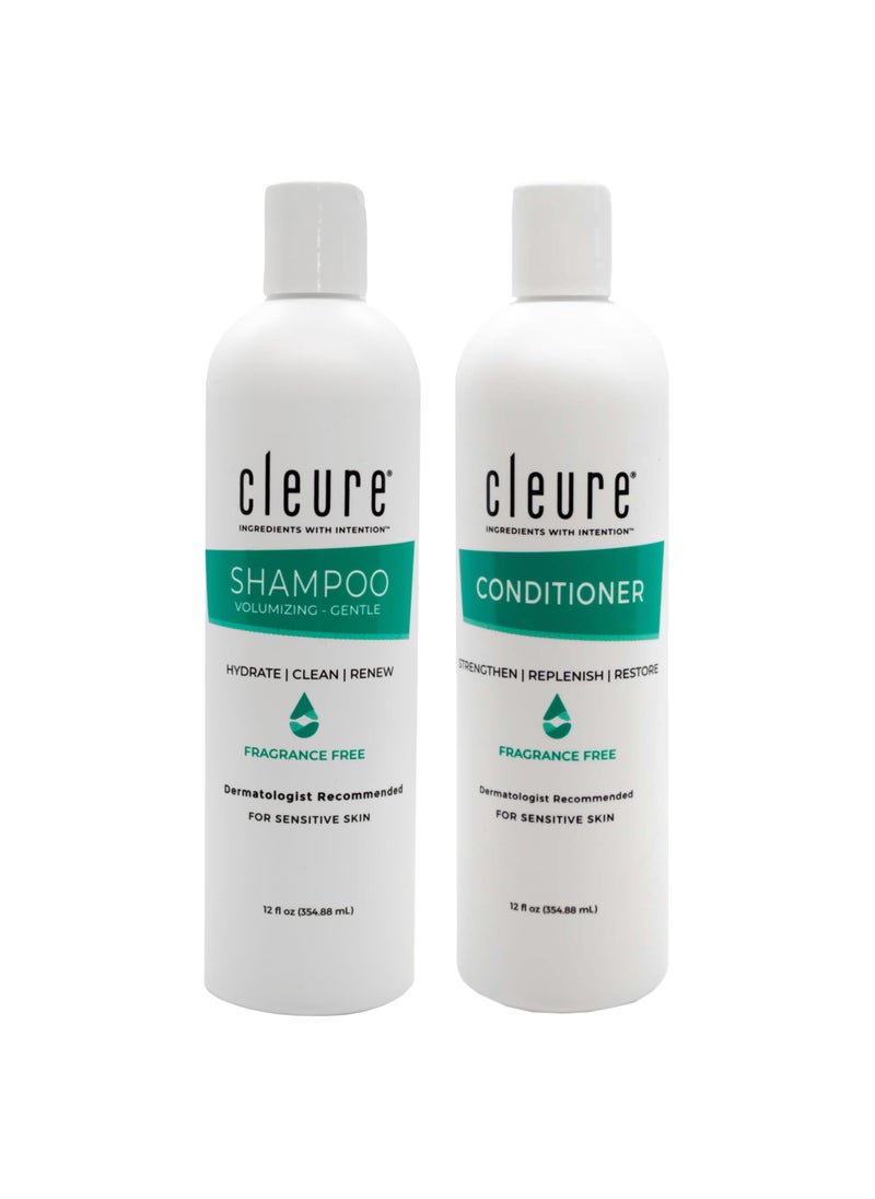 Cleure Shampoo and Conditioner Set Sulfate Free, Fragrance Free for Sensitive Skin - Volumizing Shampoo & Hydrating Conditioner (12 Oz each, Pack of 2)