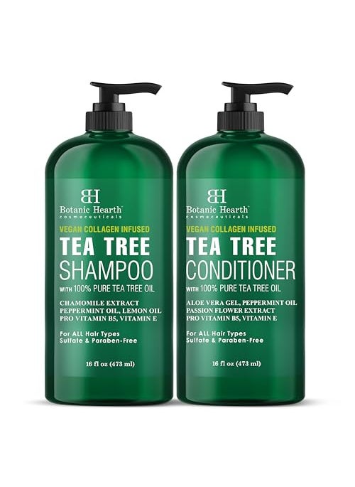 Botanic Hearth Vegan Collagen Infused Tea Tree Shampoo and Conditioner Set, 16 fl oz each - Sulfate Free, Paraben Free - For Itchy and Dry Scalp - Men and Women