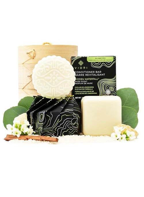 Viori Hidden Waterfall Shampoo and Conditioner Bar Set and Bamboo Holder - Made with Rice Water for Hair Growth - Handcrafted Sulfate Free Shampoo and Conditioner