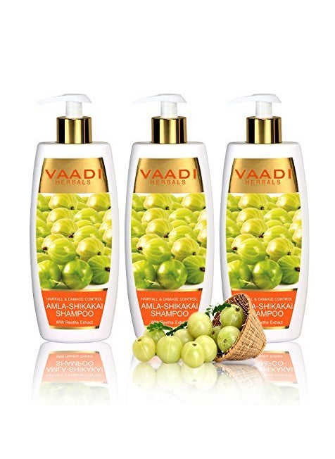 Vaadi Herbals Amla with Shikakai & Reetha Shampoo - Hair Fall and Damage Control Shampoo - ALL Natural - Paraben Free - Sulfate Free- Suitable for All Hair Types - Value Pack of 3 X 11.8 Oz