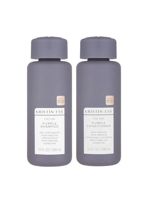Kristin Ess Hair Purple Shampoo and Conditioner Set for Blonde, Brunette, Silver + Gray Hair, Anti Brass + Yellow Tones, Safe for Color Treated Hair, Sulfate Free Toning Shampoo Conditioner
