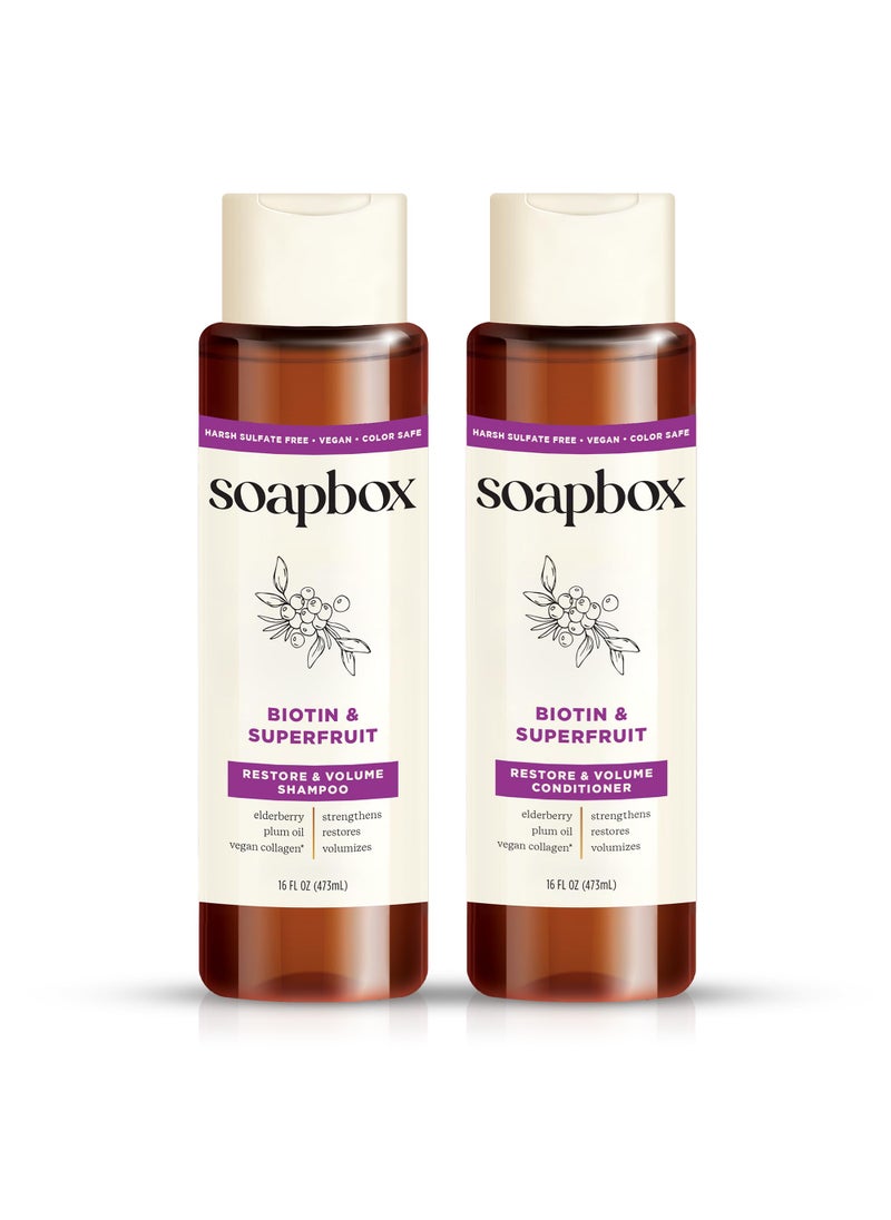 Soapbox Biotin & Superfruit Shampoo & Conditioner Set with Vegan Collagen, Aloe and Shea Butter, Pack of 2 Sulfate Free, Paraben & Silicone Free, Color Safe and Vegan Hair Products, 16 Ounces Each
